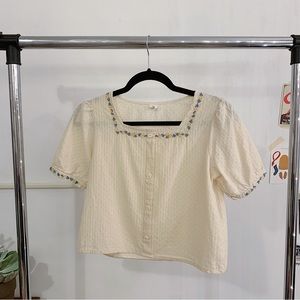 Embroidered Puff Sleeve Button Shirt